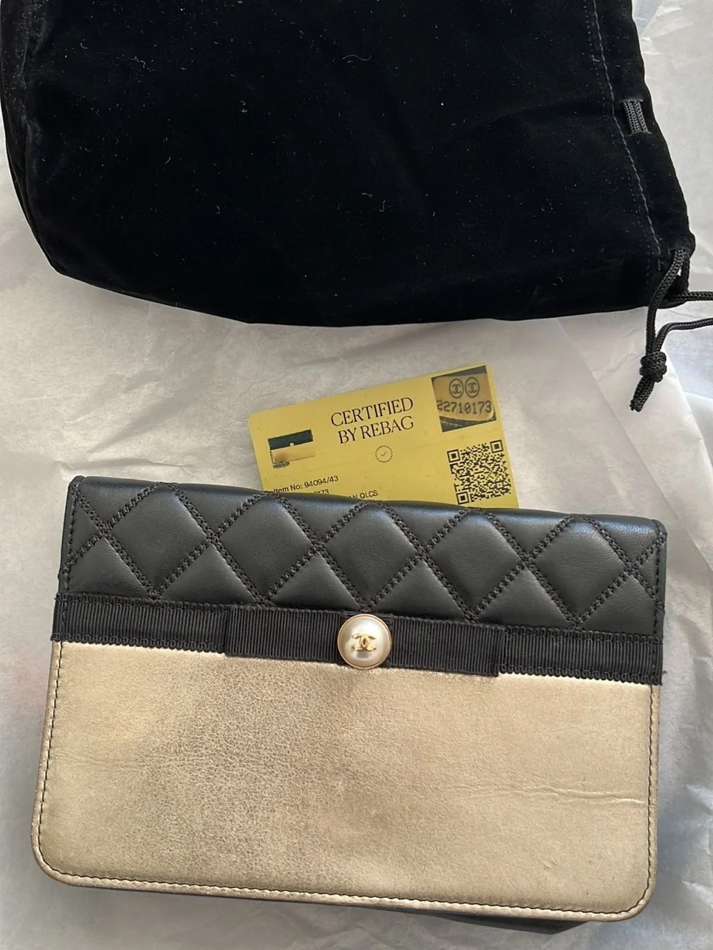 Chanel Black and Gold Quilted wallet on chain with pearl CC accent and chain